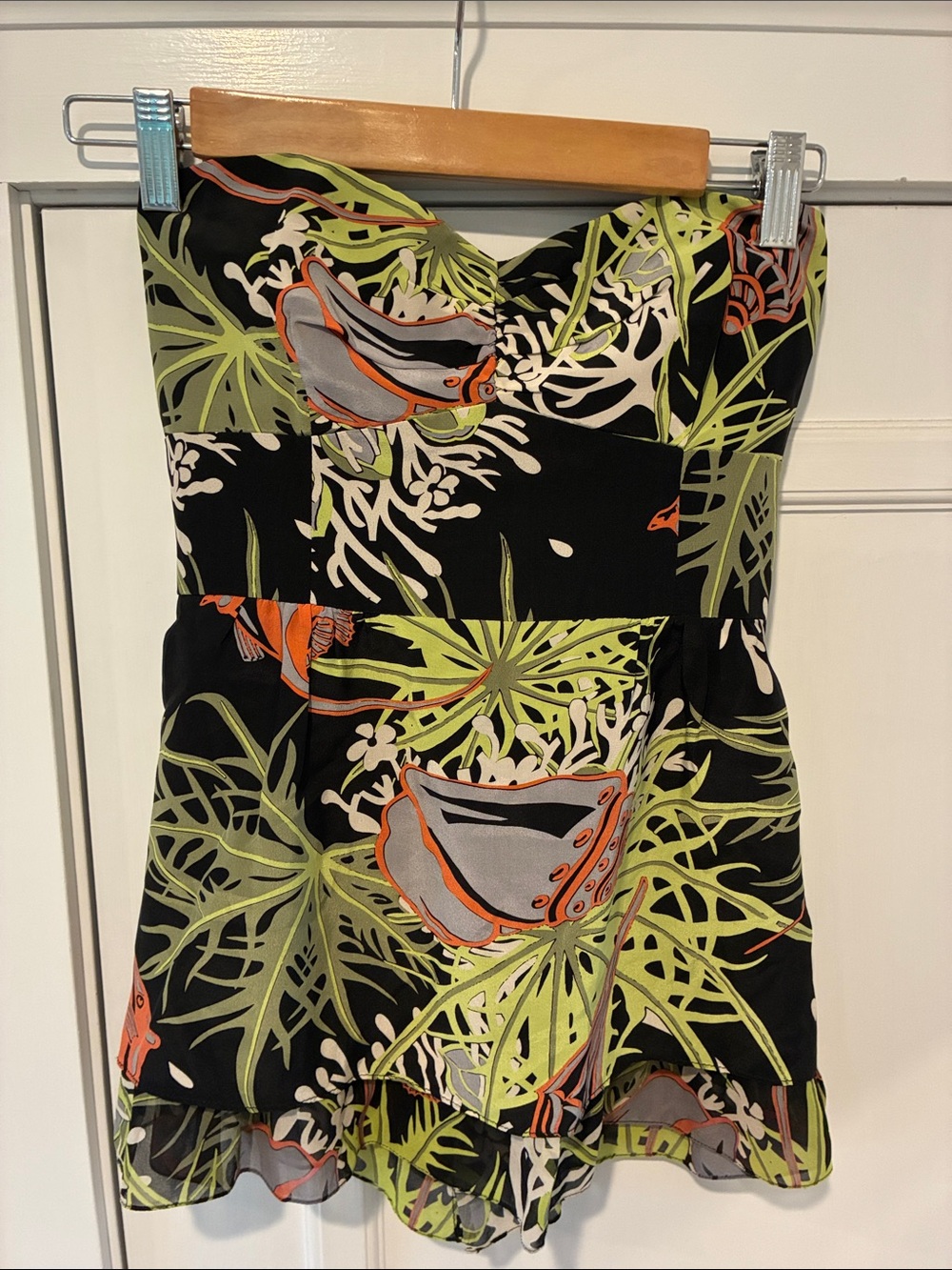 Nanette Lepore Black Tropical Print Strapless Top with Green and Orange Accents